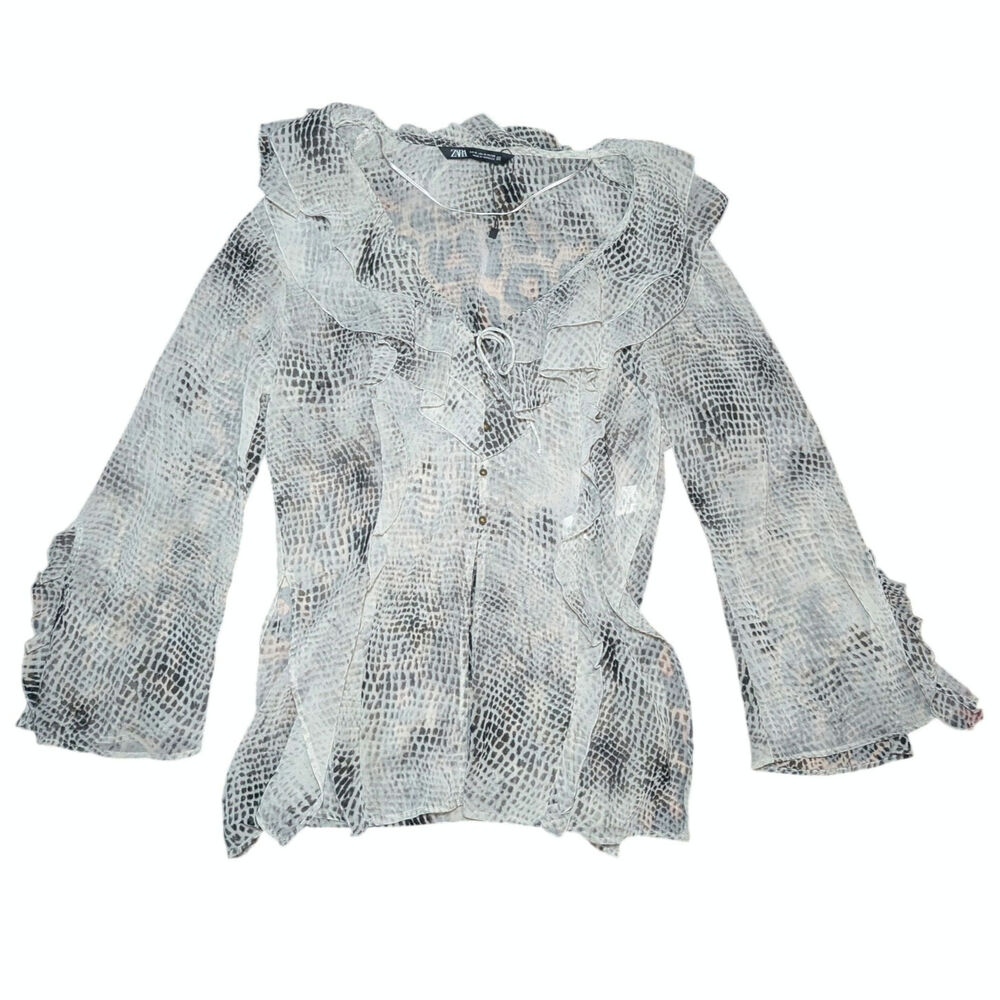 Zara Women’s Sz M Animal Print Ruffle Button Front Blouse Tie Neck Long Sleeve - Picture 4 of 12